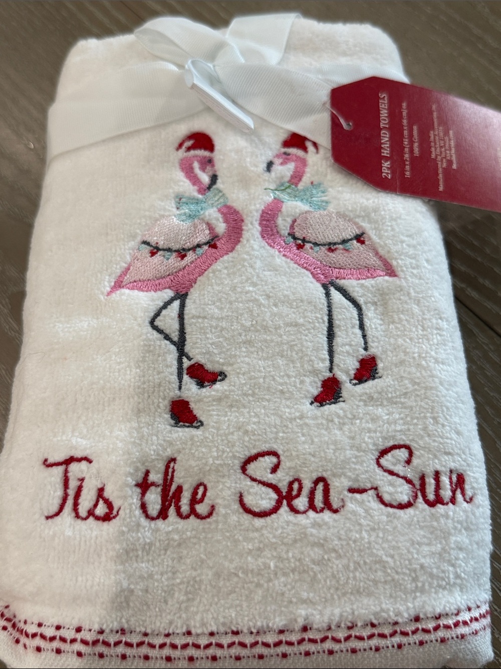 Tis the Sea-Sun' Flamingo Embroidered Hand Towel - Set of 2 NWT